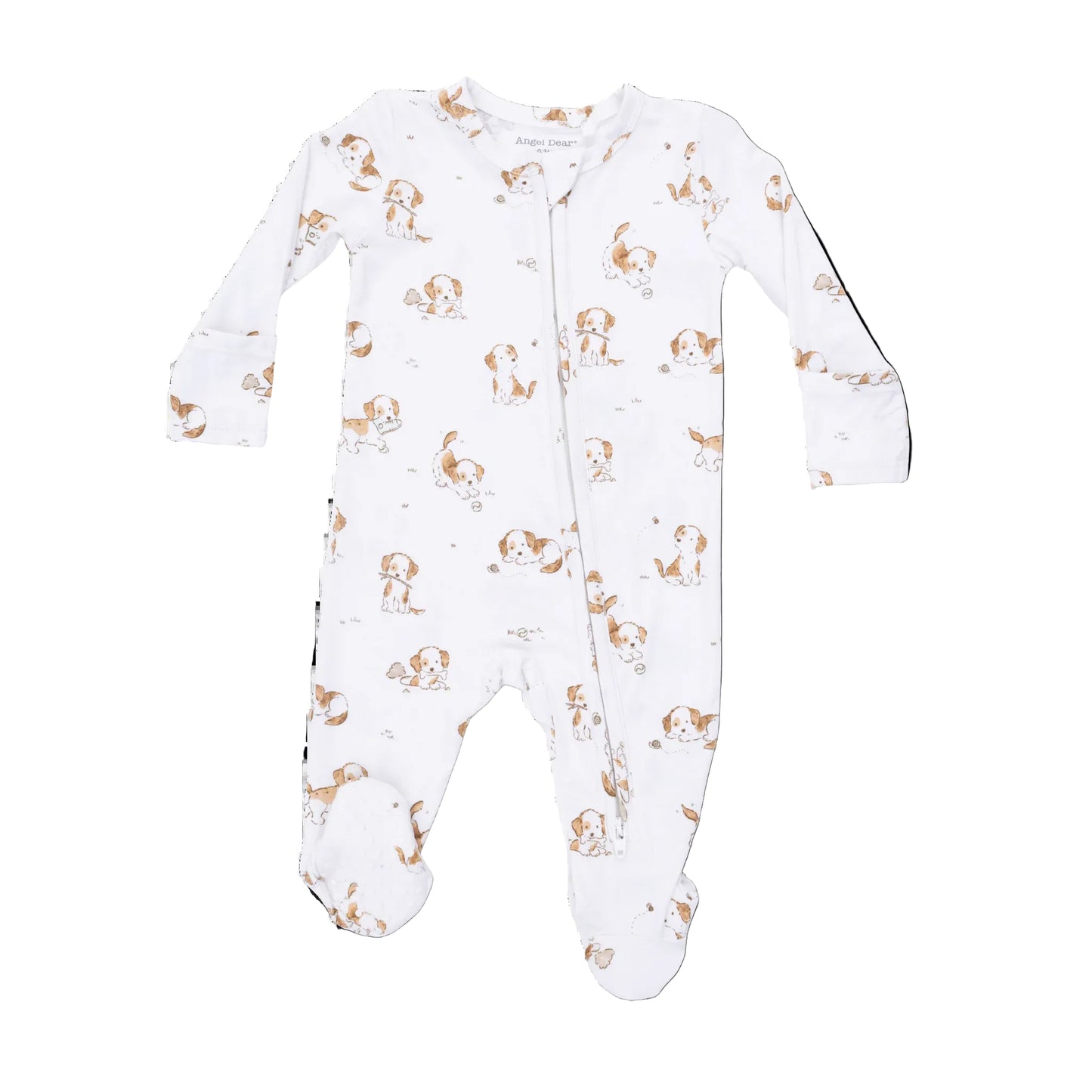 Baby white zip footie with brown dog pattern