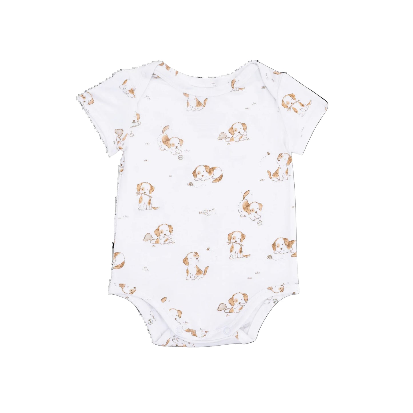 White baby onesie with brown and white dog print