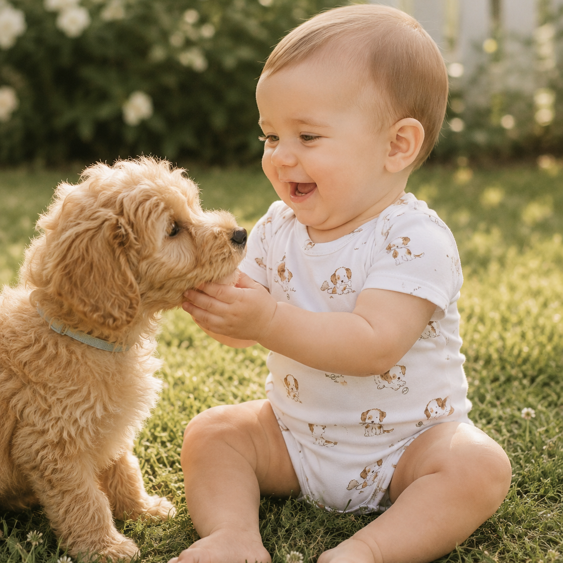 Baby in a white onesie with puppy all over print, who is sitting on grass, interacting with a small brown dog.