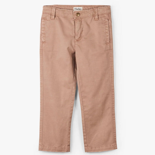A pair of slim fit khaki twill pants with a mid-rise waist, functional drawcord, and elasticated cuffs on the lower legs. The pants are displayed against a plain background.