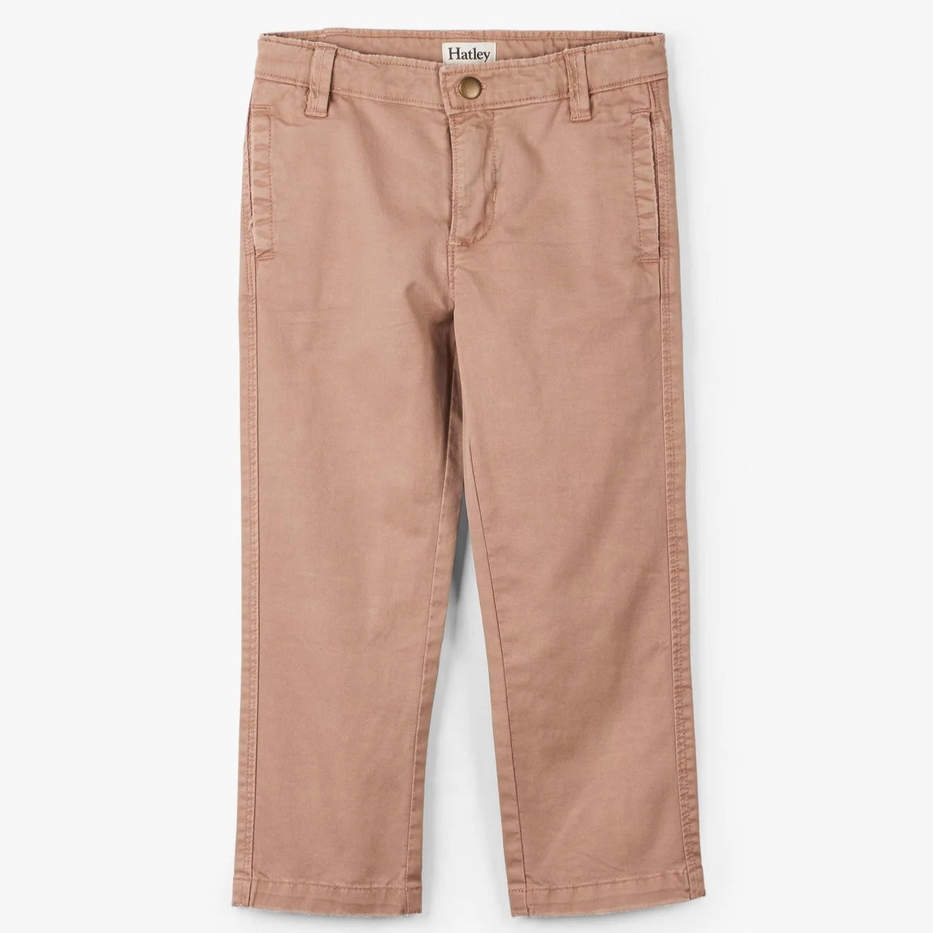 A pair of slim fit khaki twill pants with a mid-rise waist, functional drawcord, and elasticated cuffs on the lower legs. The pants are displayed against a plain background.