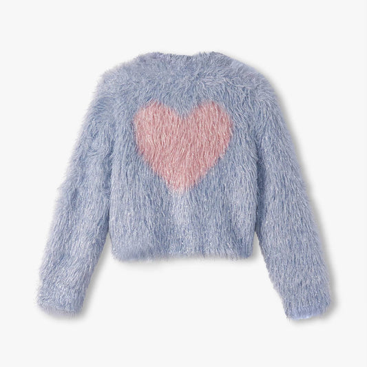 Blue fluffy cardigan with a pink heart on a white background