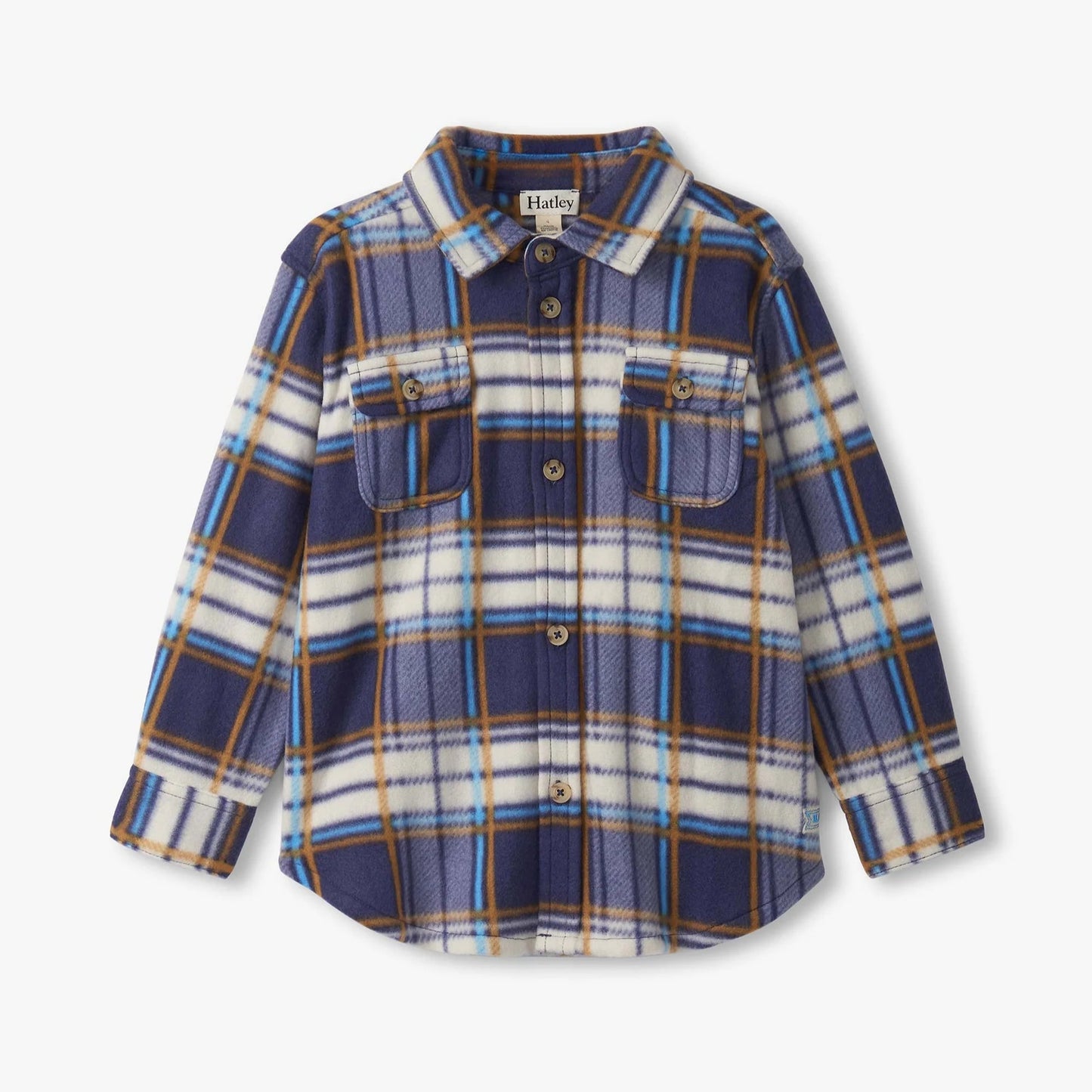 Plaid shirt with blue, white, and brown colors on a white background