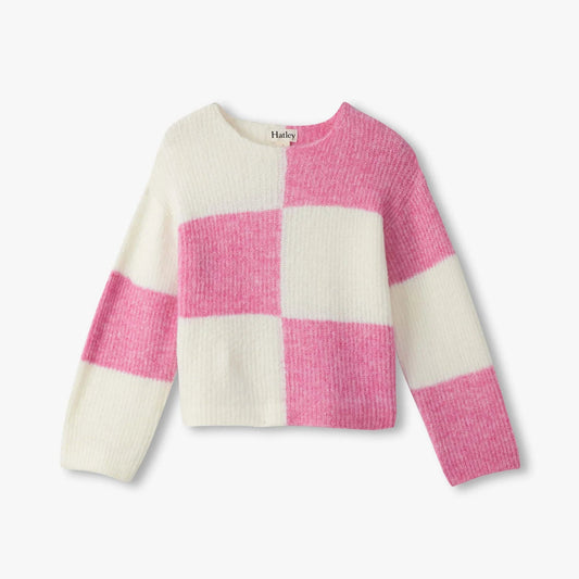 Pink and white checkered sweater on a light gray background