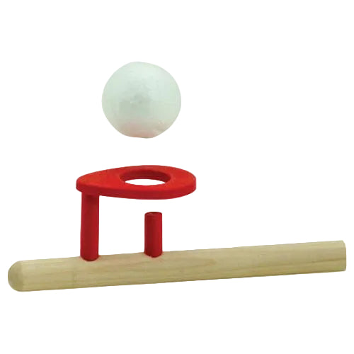 Red plastic golf hole marker with a white golf ball on a white background