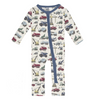 Baby onesie with construction vehicle pattern on a white background
