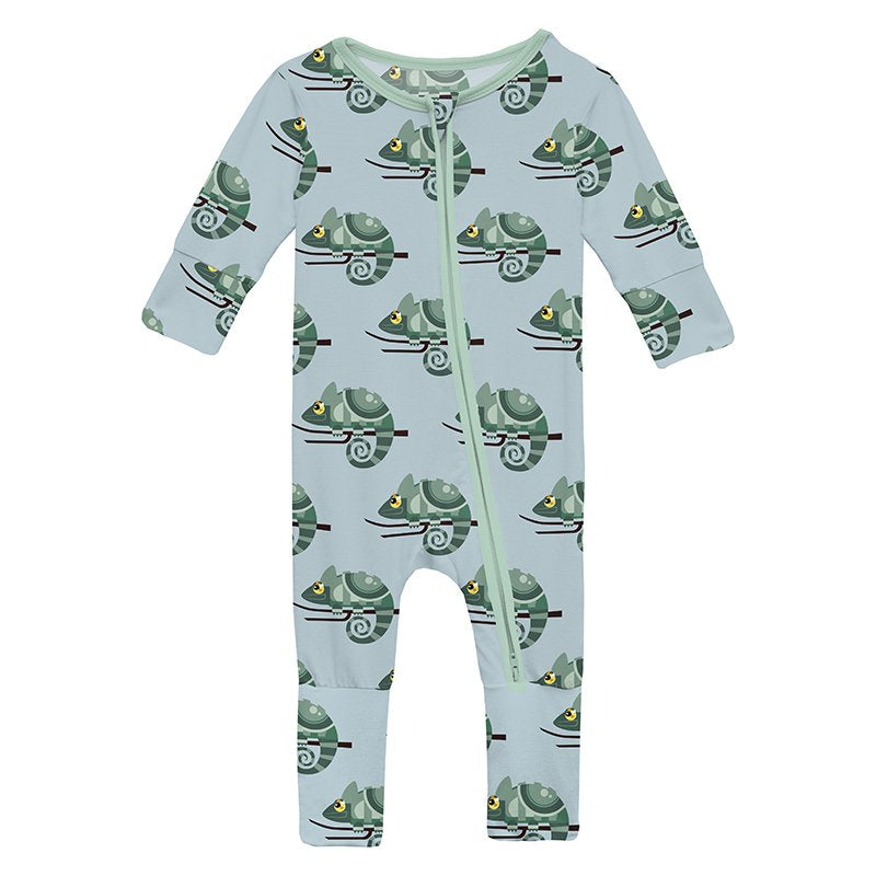 Baby zip flip romper with a chameleon  pattern on a light blue background