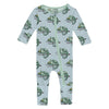Baby zip flip romper with a chameleon  pattern on a light blue background