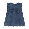 Blue denim dress with ruffled sleeves on a white background