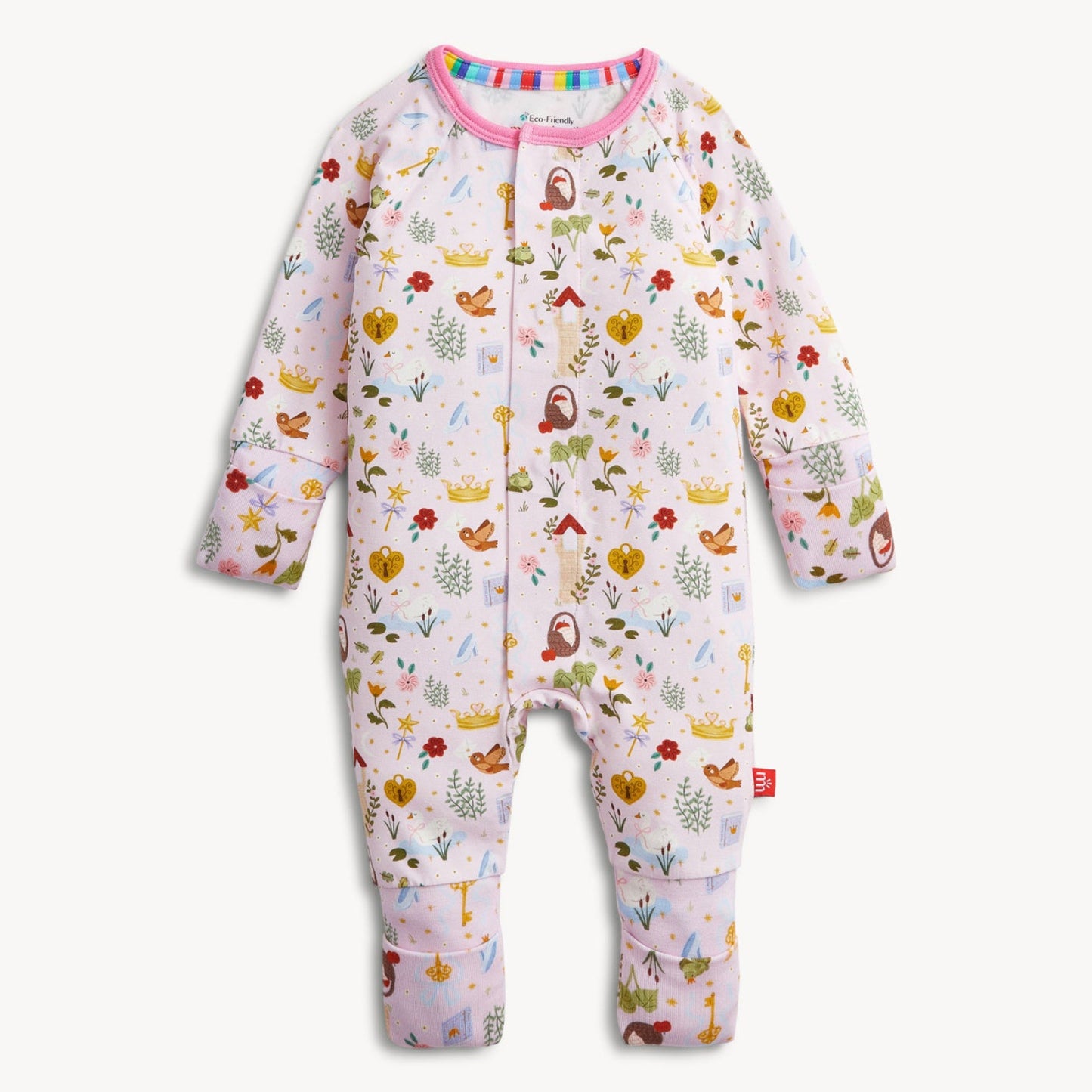 Baby onesie with colorful animal and nature pattern on a white background