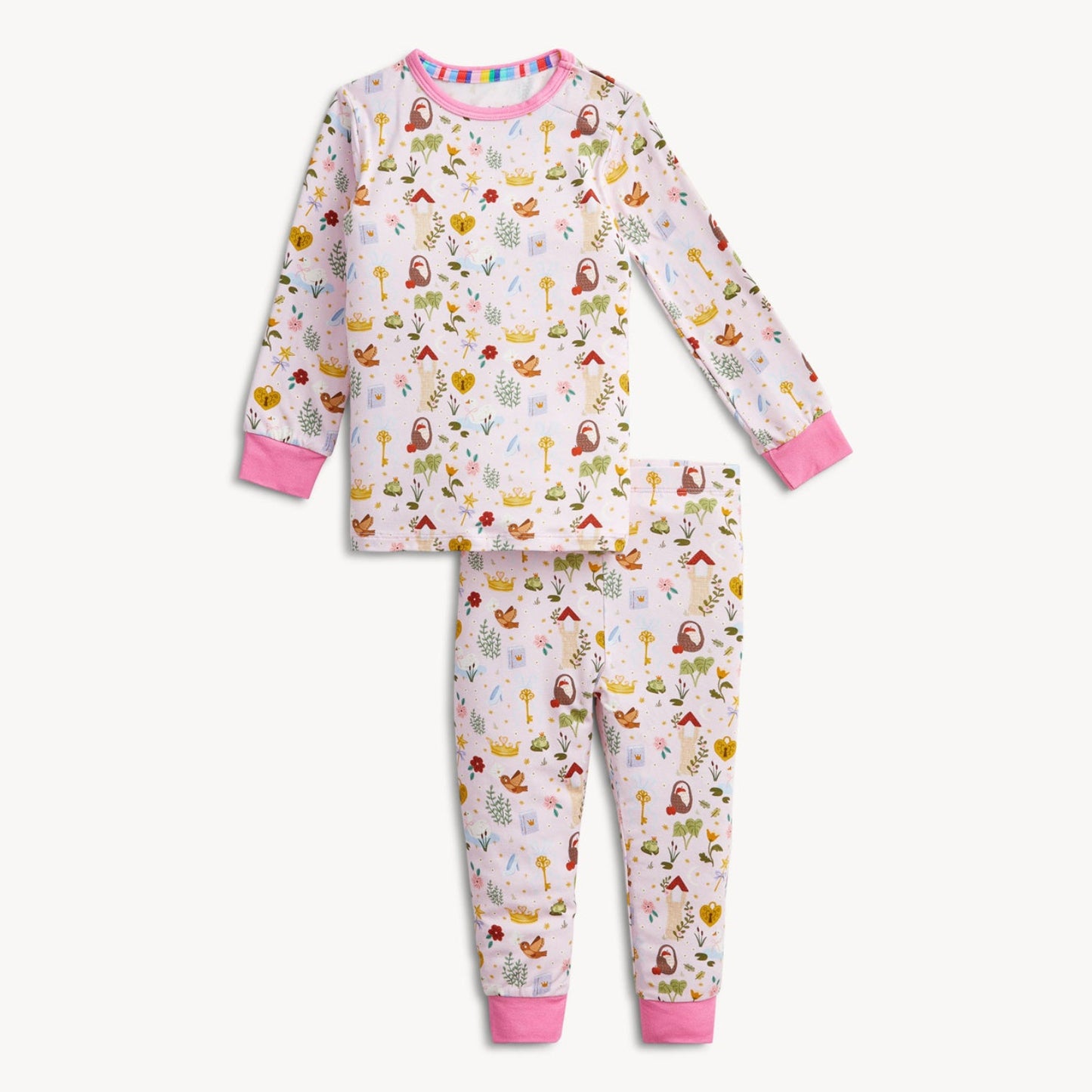 A two-piece children's pajama set featuring a long-sleeve top and matching pants in a white base with a colorful cartoon animal print, finished with pink ribbed cuffs and collar.