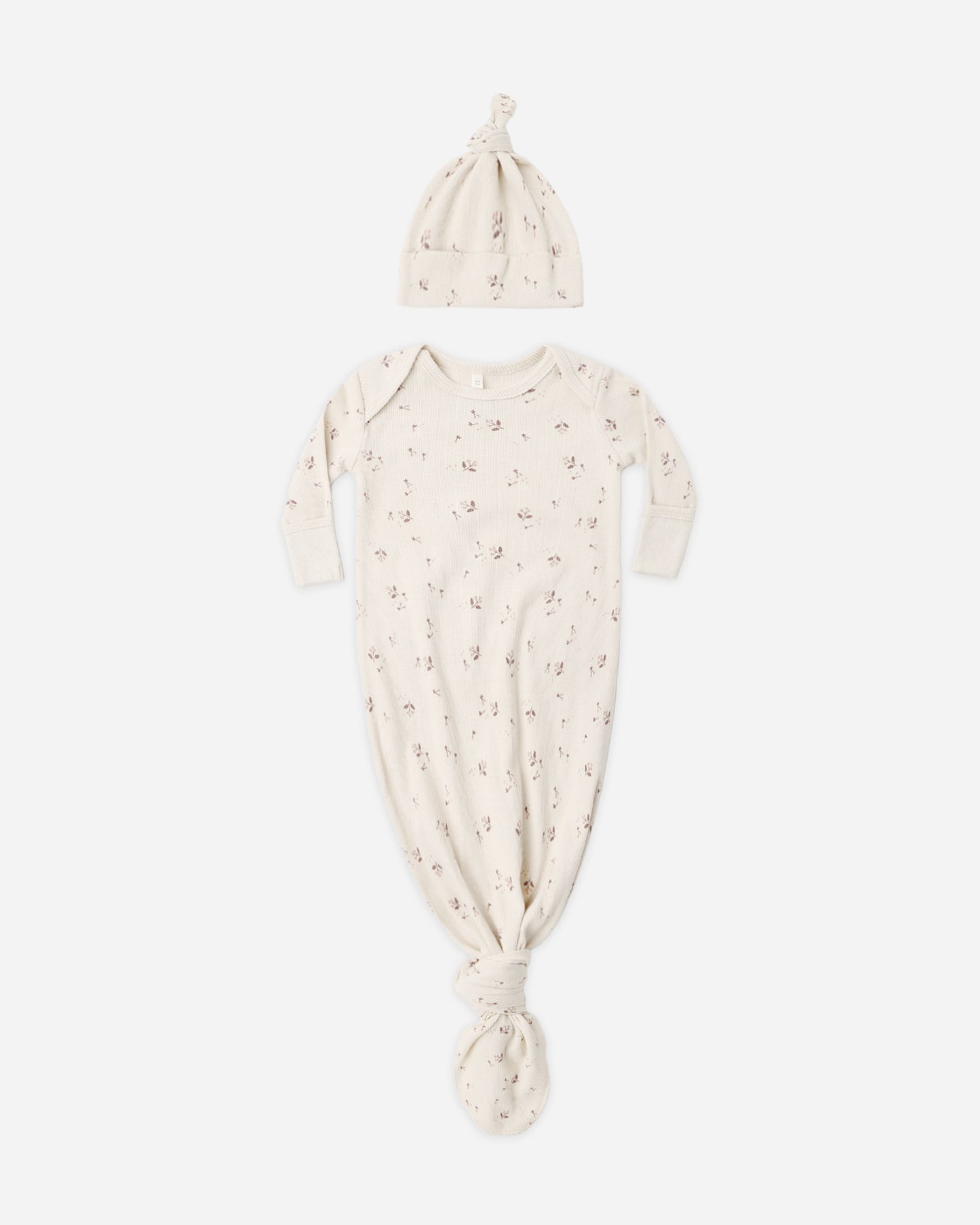 Fall Ditsy Gown + Hat flat lay - Quincy Mae organic cotton knotted baby gown and hat set, fall ditsy print