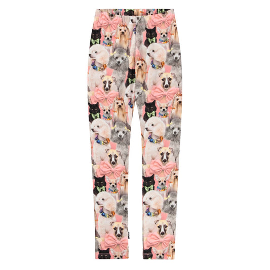 Leggings with dog and bow pattern on a white background