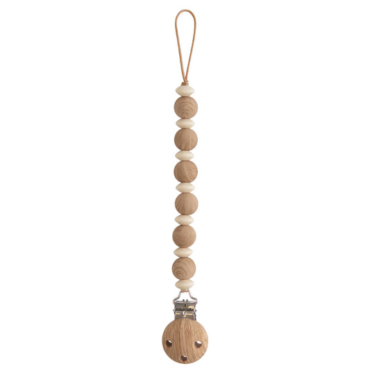 Wooden pacifier clip with beads on a white background
