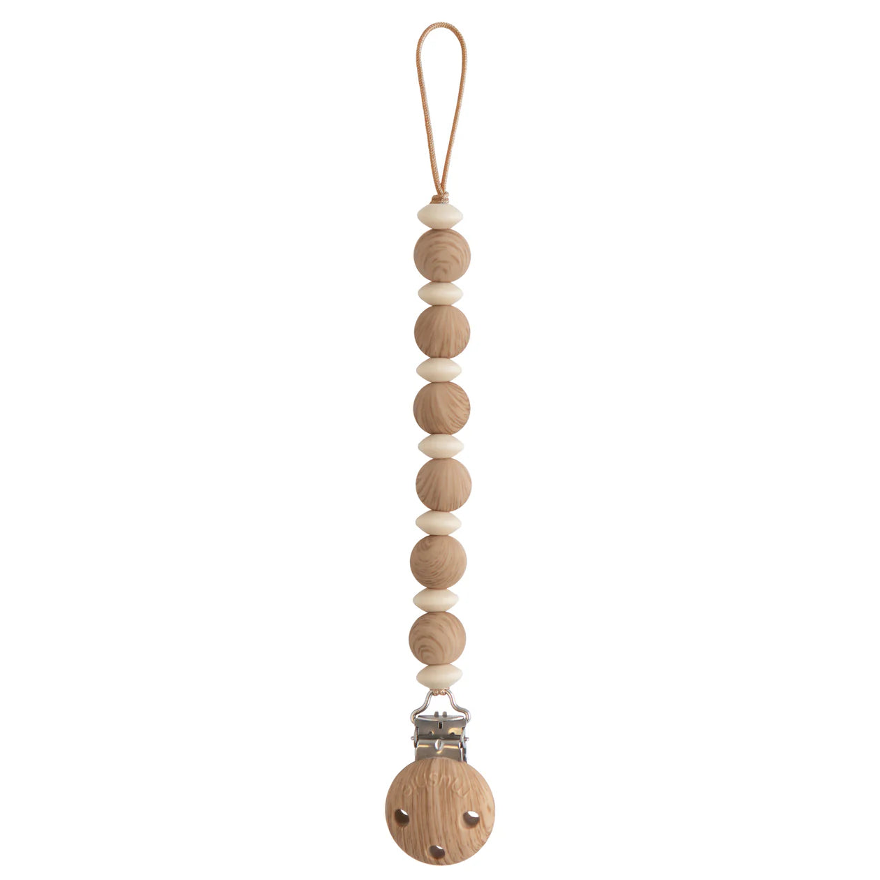 Wooden pacifier clip with beads on a white background