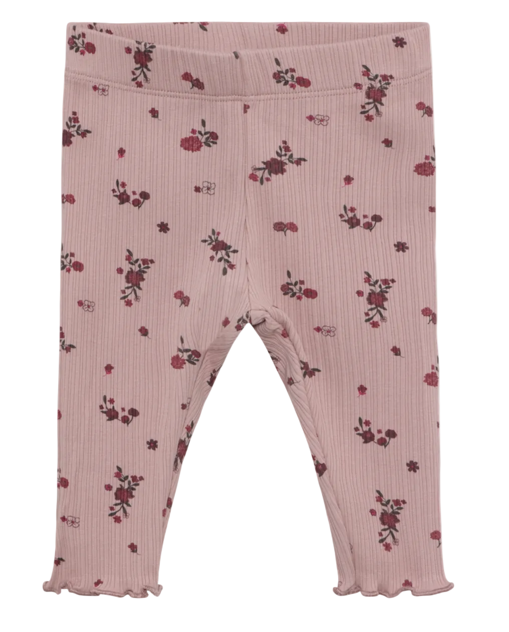 Pink ribbed leggings with a small red and green floral pattern, featuring a ruffled hem and elastic waistband.