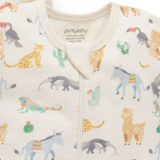 Baby onesie with safari animal pattern on a white background
