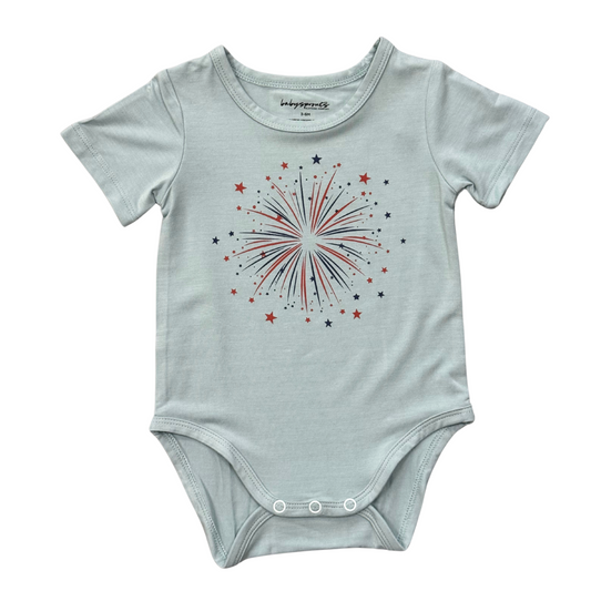 Light Blue baby onesie with a fireworks design on a white background