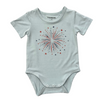 Light Blue baby onesie with a fireworks design on a white background
