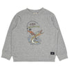 Gray sweatshirt with fish-themed graphic on a white background