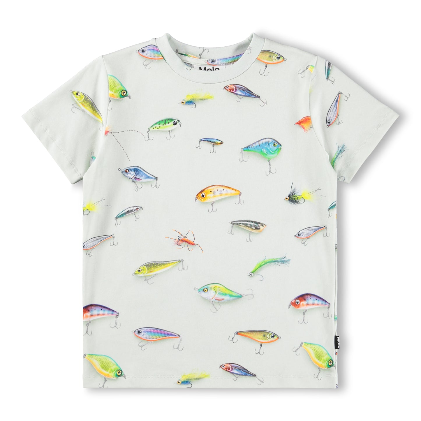 White t-shirt with colorful fishing lure pattern