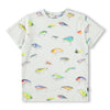 White t-shirt with colorful fishing lure pattern