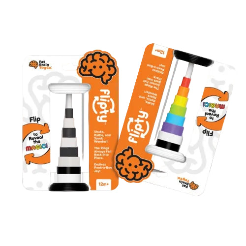 Packaged toy with colorful rings and brain graphic on a gray background