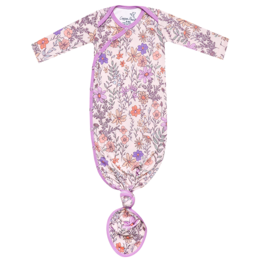 Floral baby knotted gown with purple trim on white