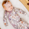 Floral baby knotted gown with purple trim on white