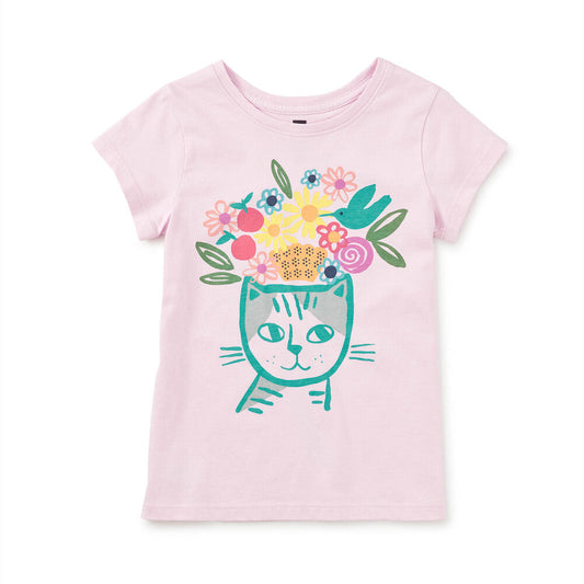 Pink t-shirt with a cat and flower design 