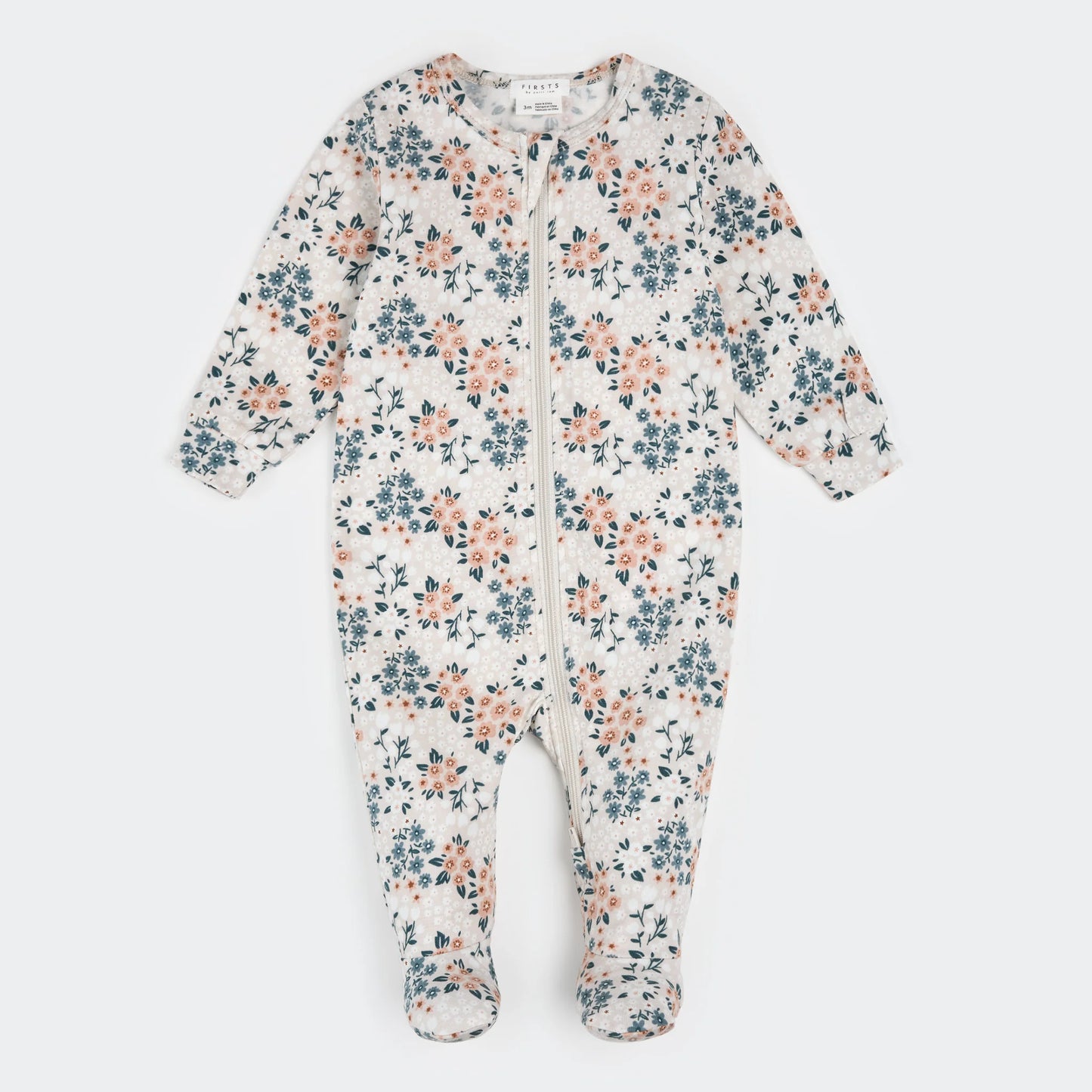 Pink and Blue wildflower print on white baby footie