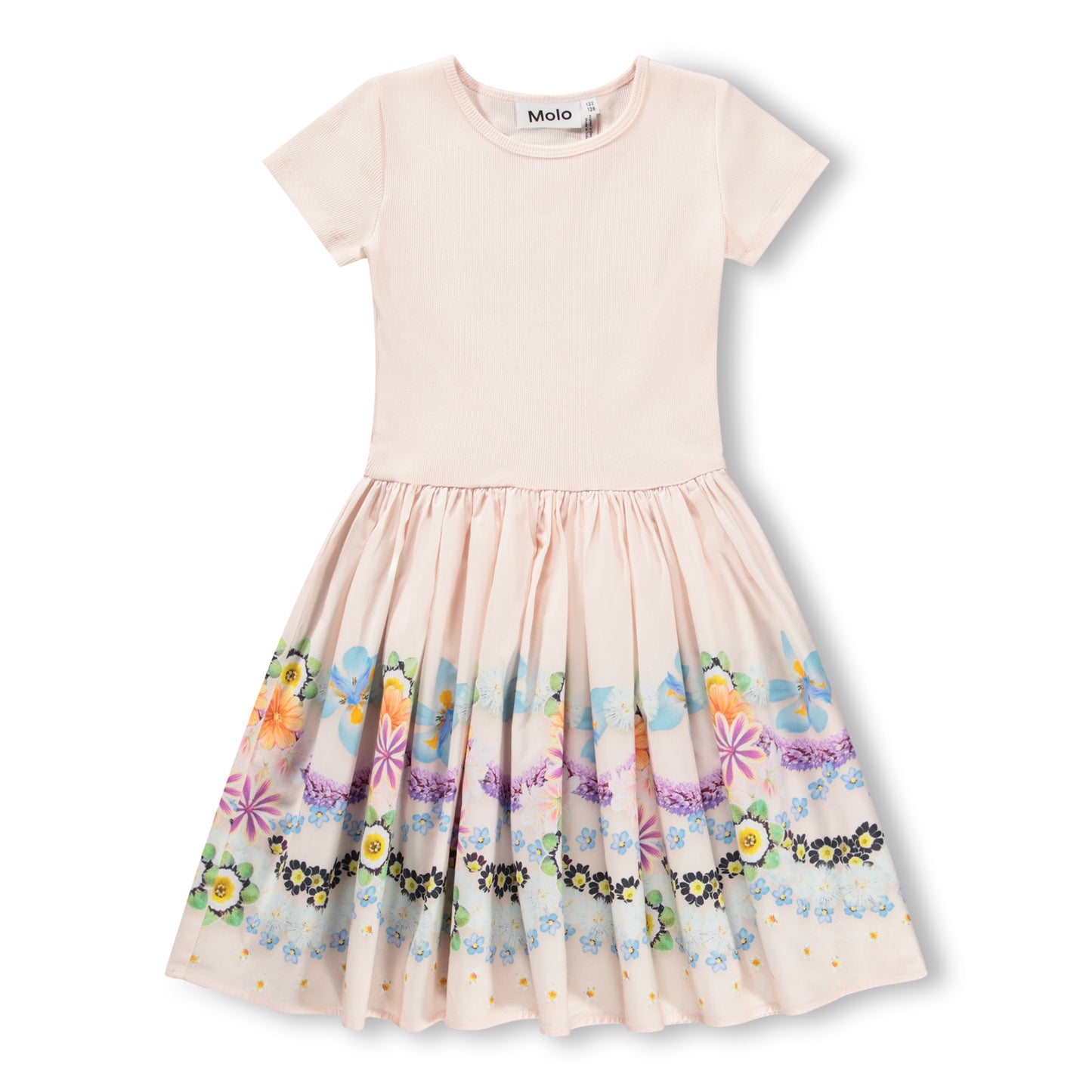 Pink short sleeve dress with floral pattern on skirt