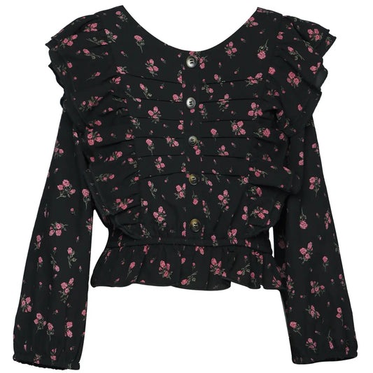 Black floral long-sleeve top on a white background