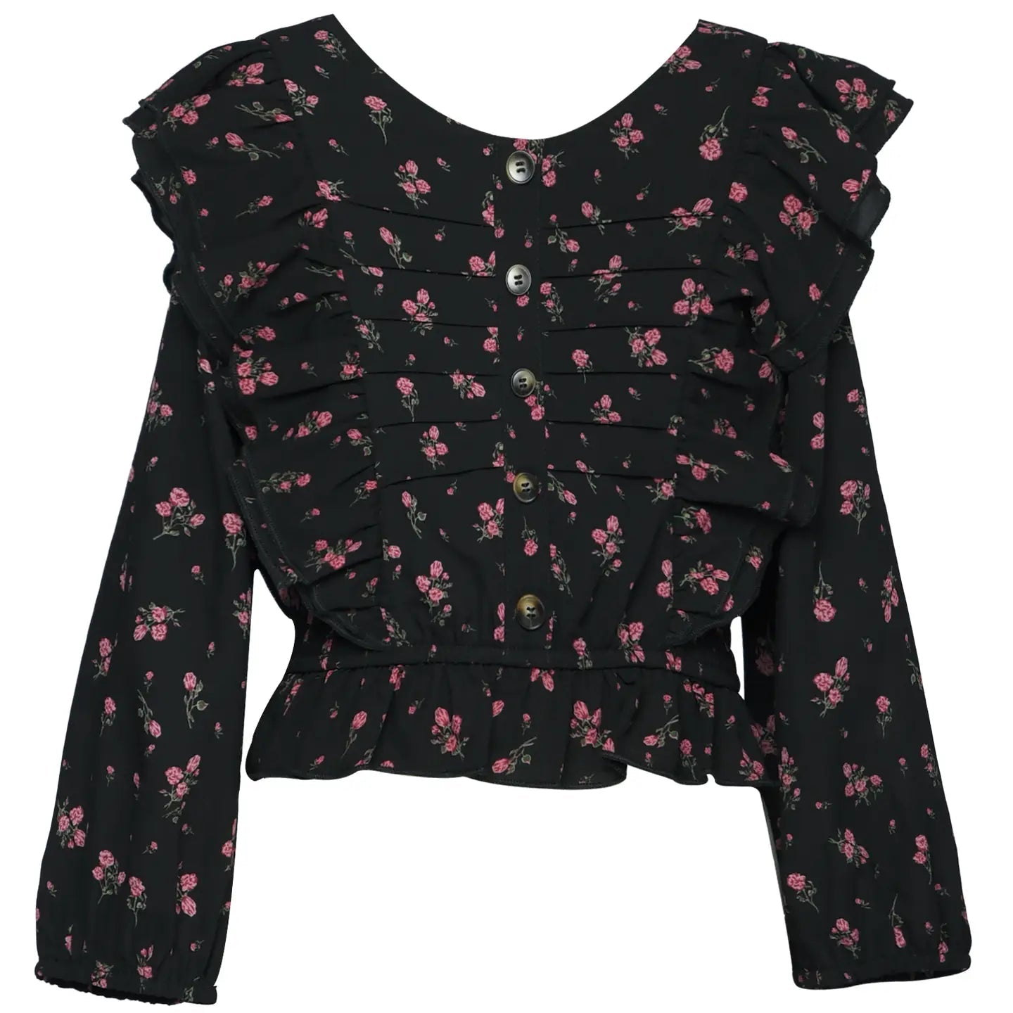 Black floral long-sleeve top on a white background
