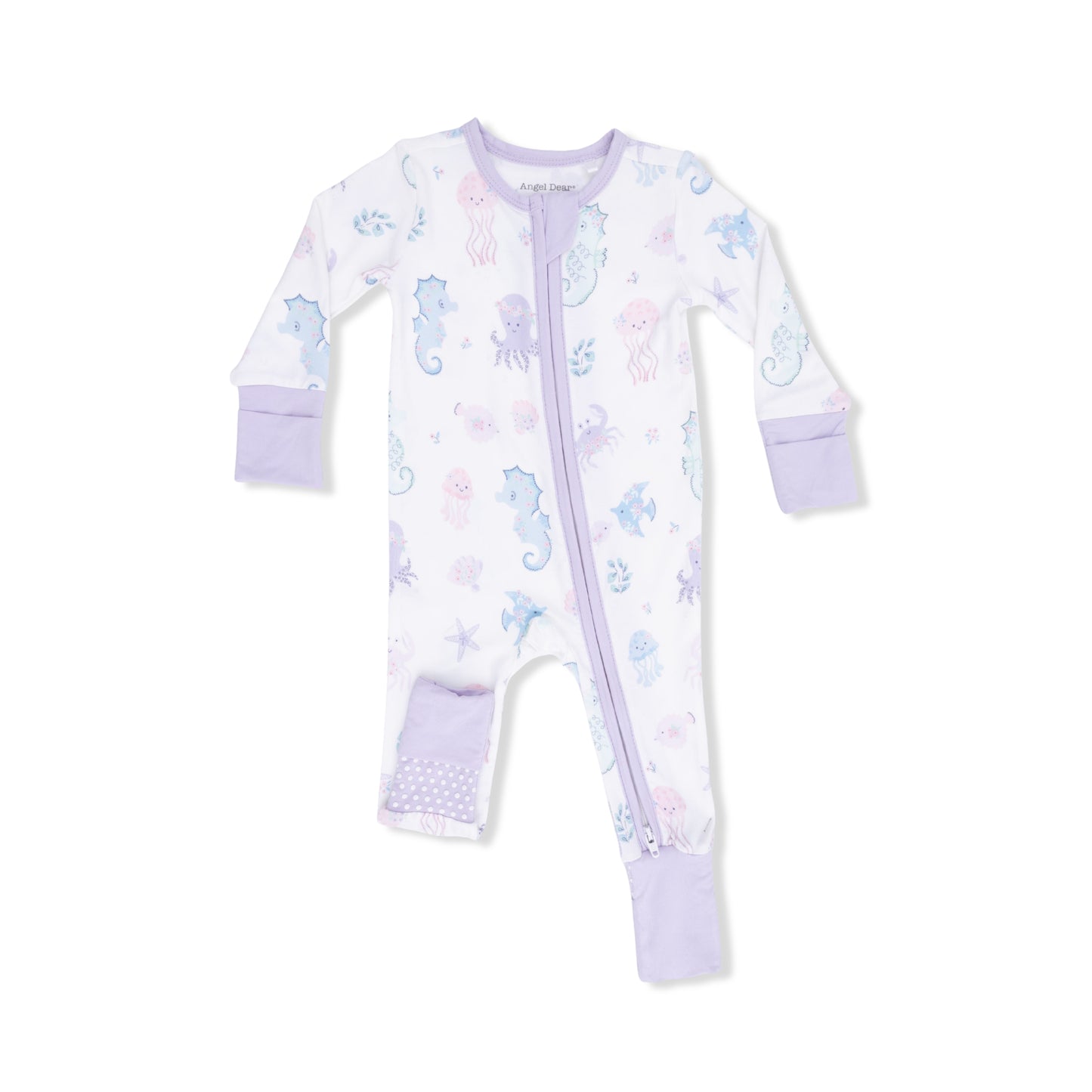 Baby onesie with animal pattern and purple accents on a white background