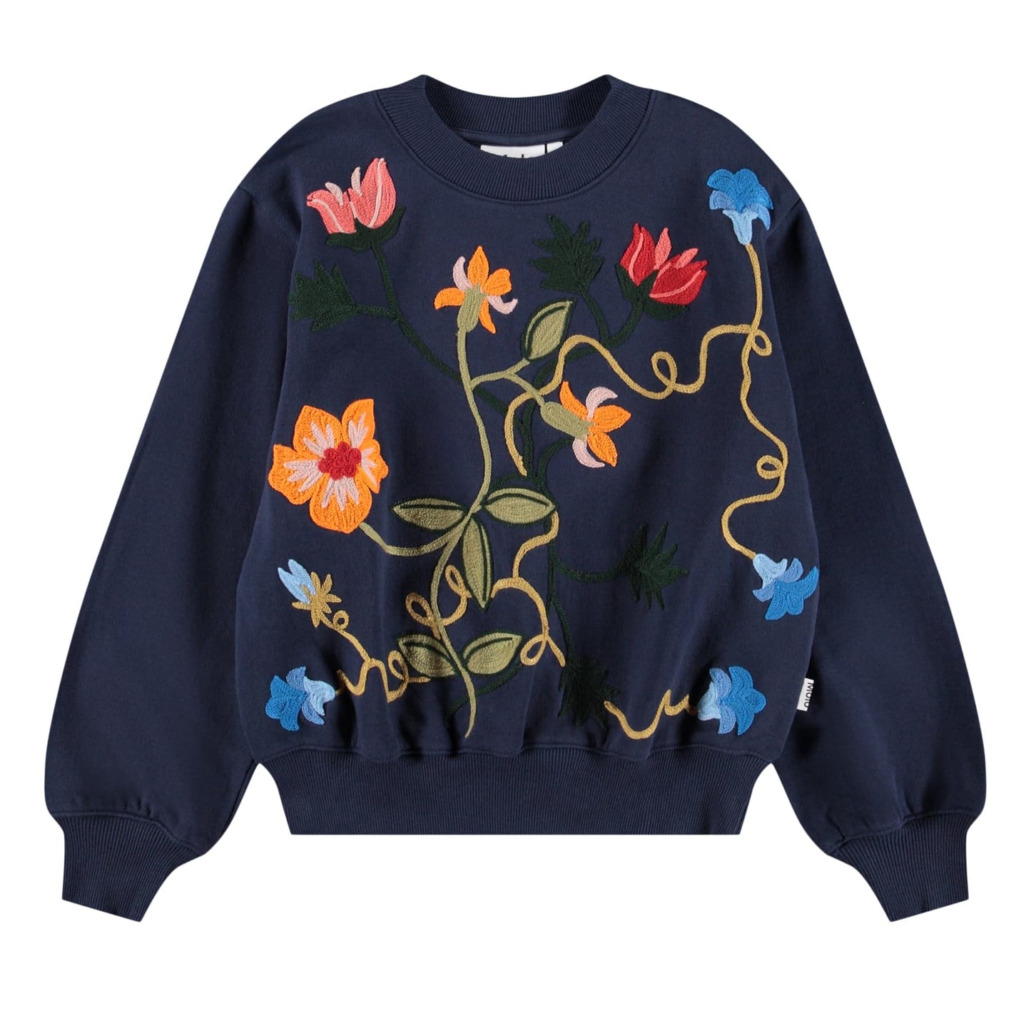 Navy blue sweater with colorful floral embroidery on a white background