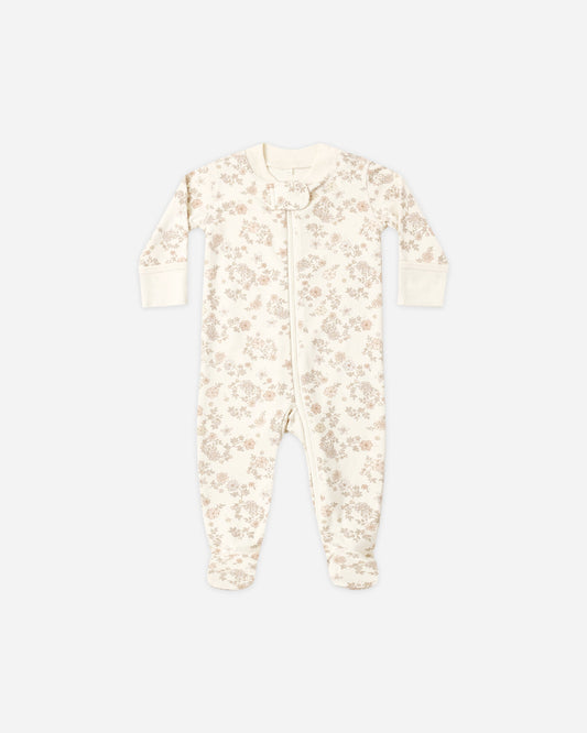 Floral Vine Zip Footie flat lay - Quincy Mae organic cotton zip footie, floral vine print