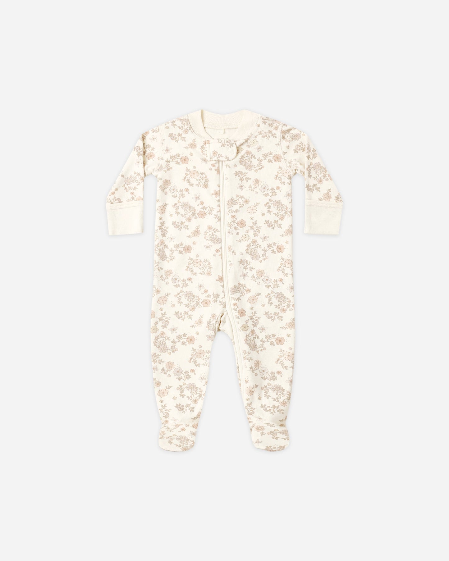 Floral Vine Zip Footie flat lay - Quincy Mae organic cotton zip footie, floral vine print