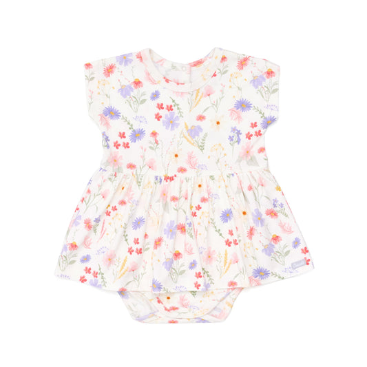Floral-patterned baby romper on a white background