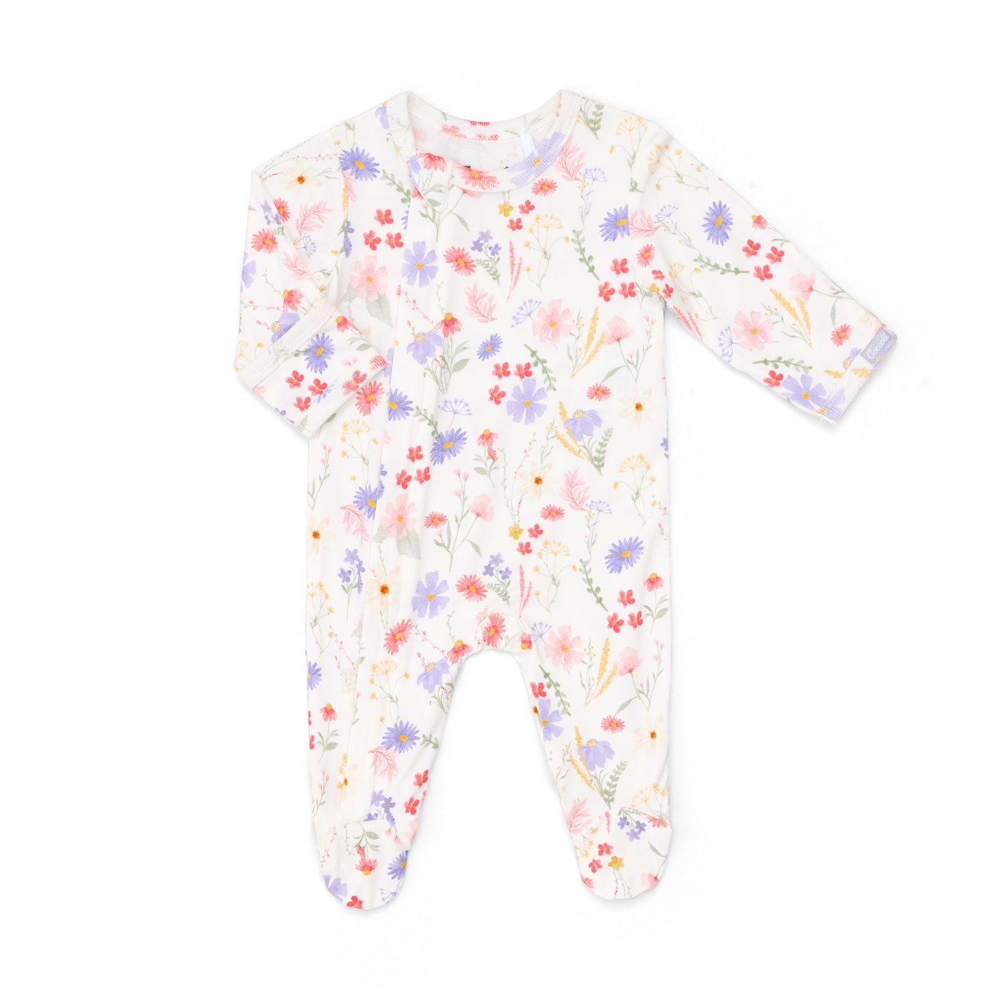 Floral-patterned baby footie on a white background