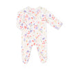 Floral-patterned baby footie on a white background