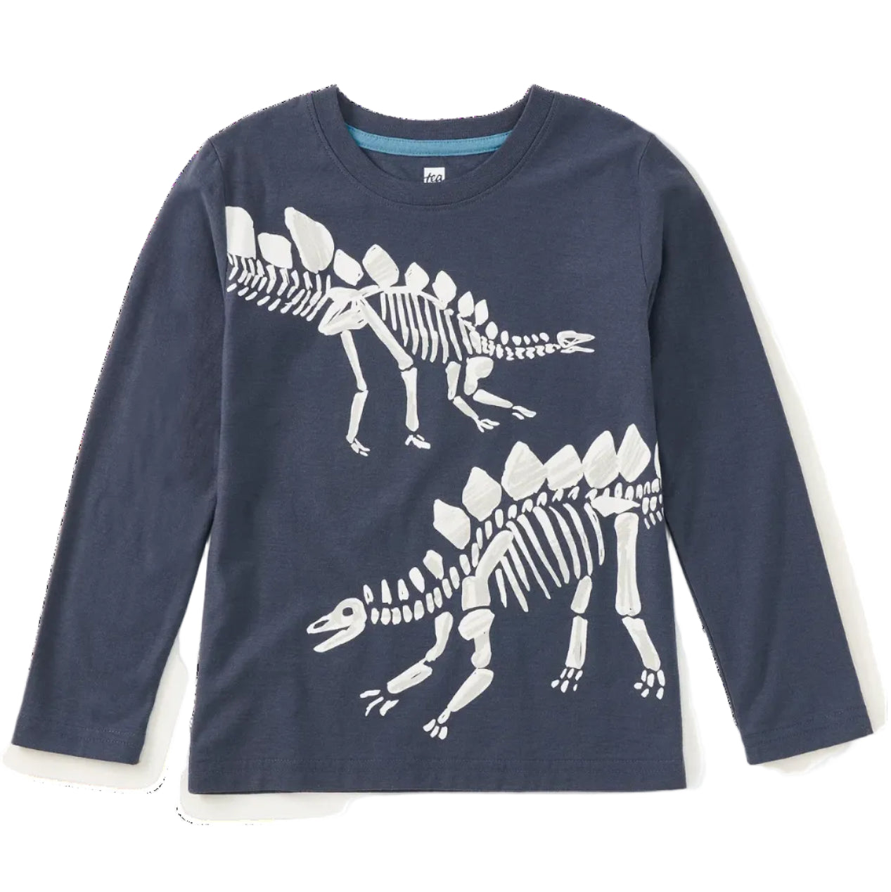 A grey long-sleeve crewneck shirt for kids, featuring a white skeleton print of two dinosaurs on the front, displayed flat against a white background.