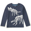 A grey long-sleeve crewneck shirt for kids, featuring a white skeleton print of two dinosaurs on the front, displayed flat against a white background.