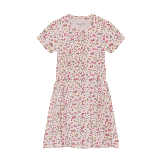 Pink dress with floral and butterfly pattern