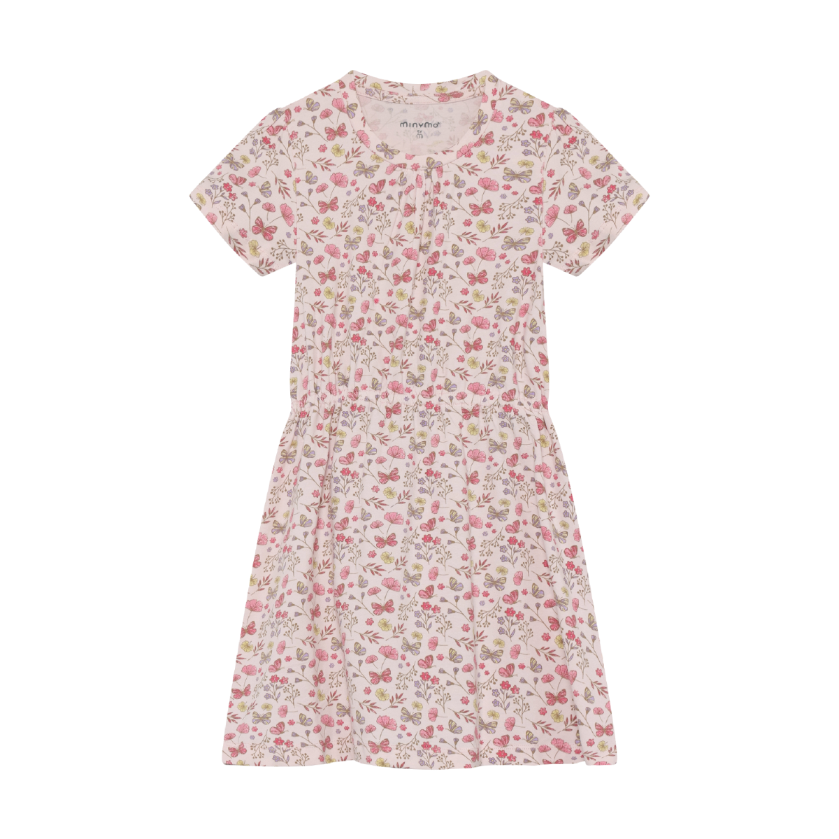 Pink dress with floral and butterfly pattern