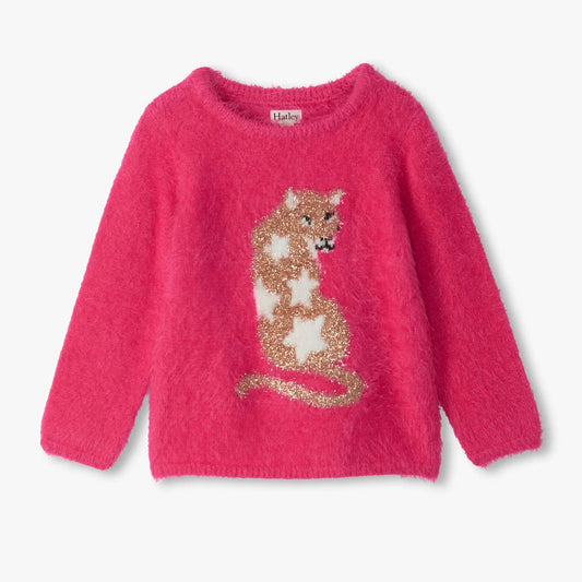Pink sweater with a mountain lion design 