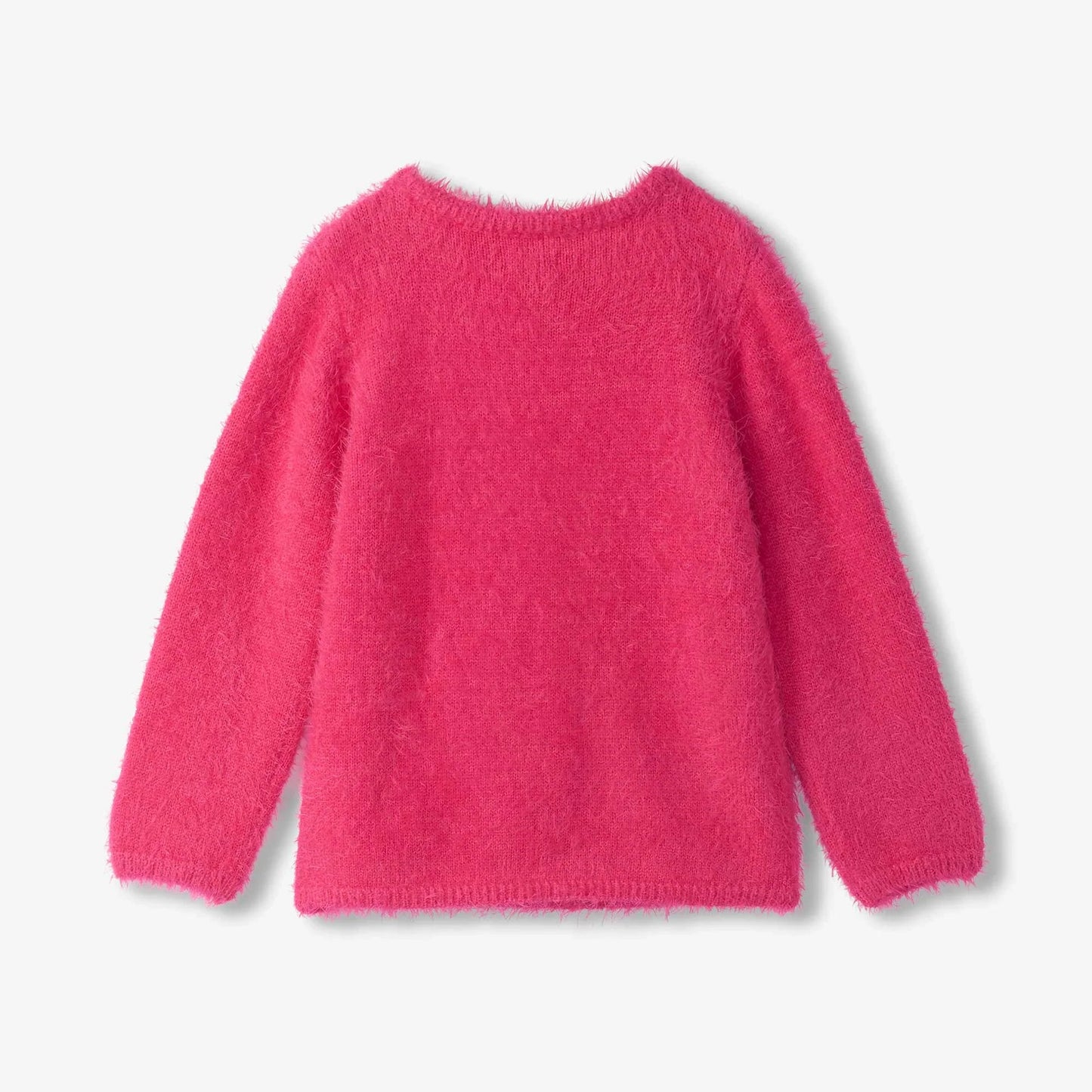 A bright pink fuzzy long-sleeve sweater shown from the back 