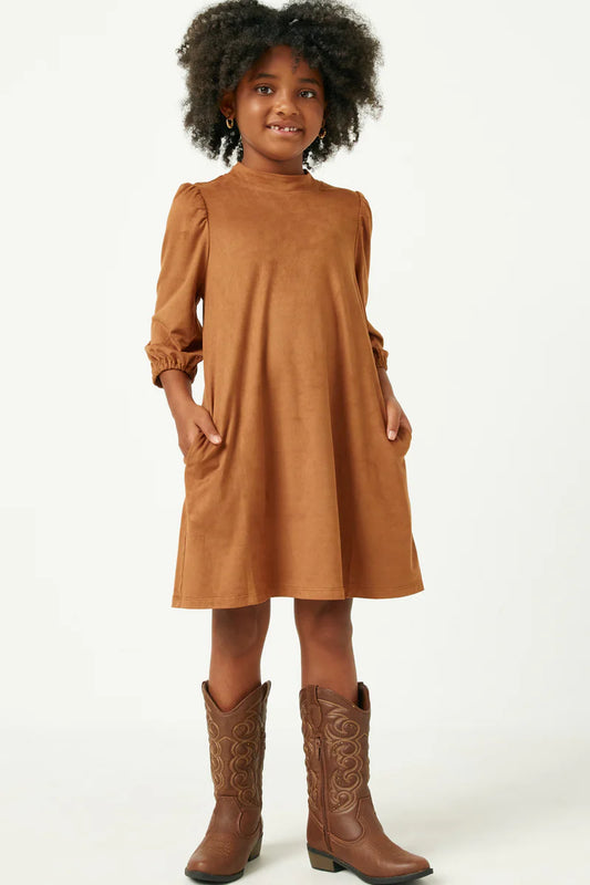 Camel Puff Sleeve Suede Dress