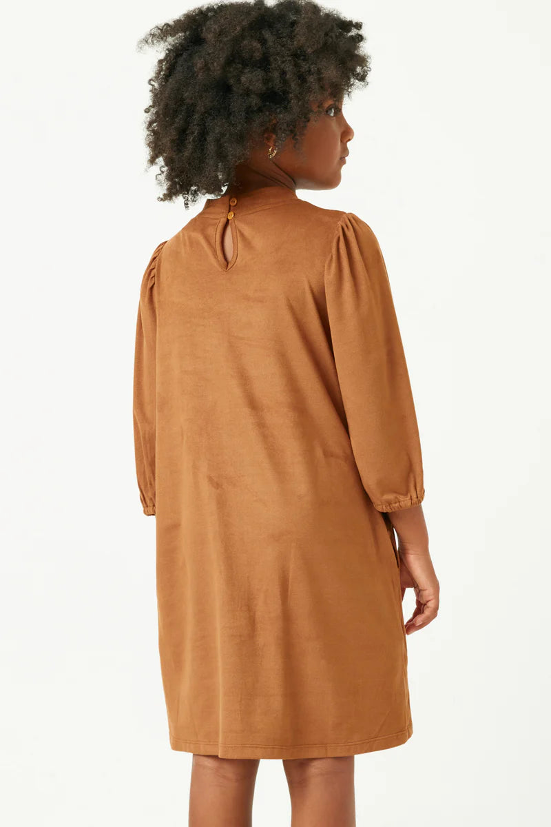 Camel Puff Sleeve Suede Dress