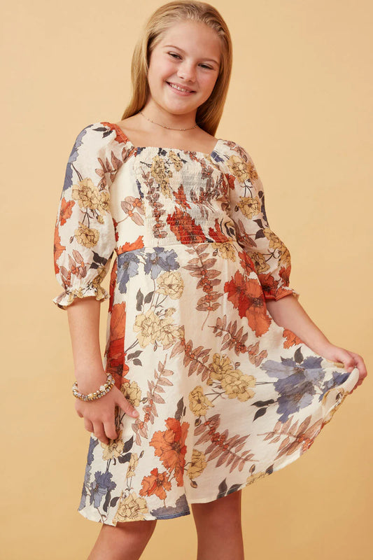 Floral Smocked Square Neck Dress